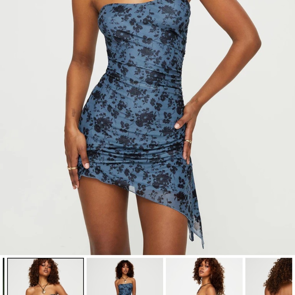 Elegant Blue Floral Strapless Dress
